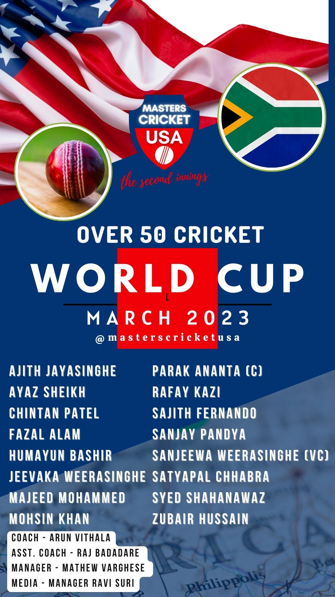 Over50 World Cup 2023 Team announcement Masters Cricket USA Over 40